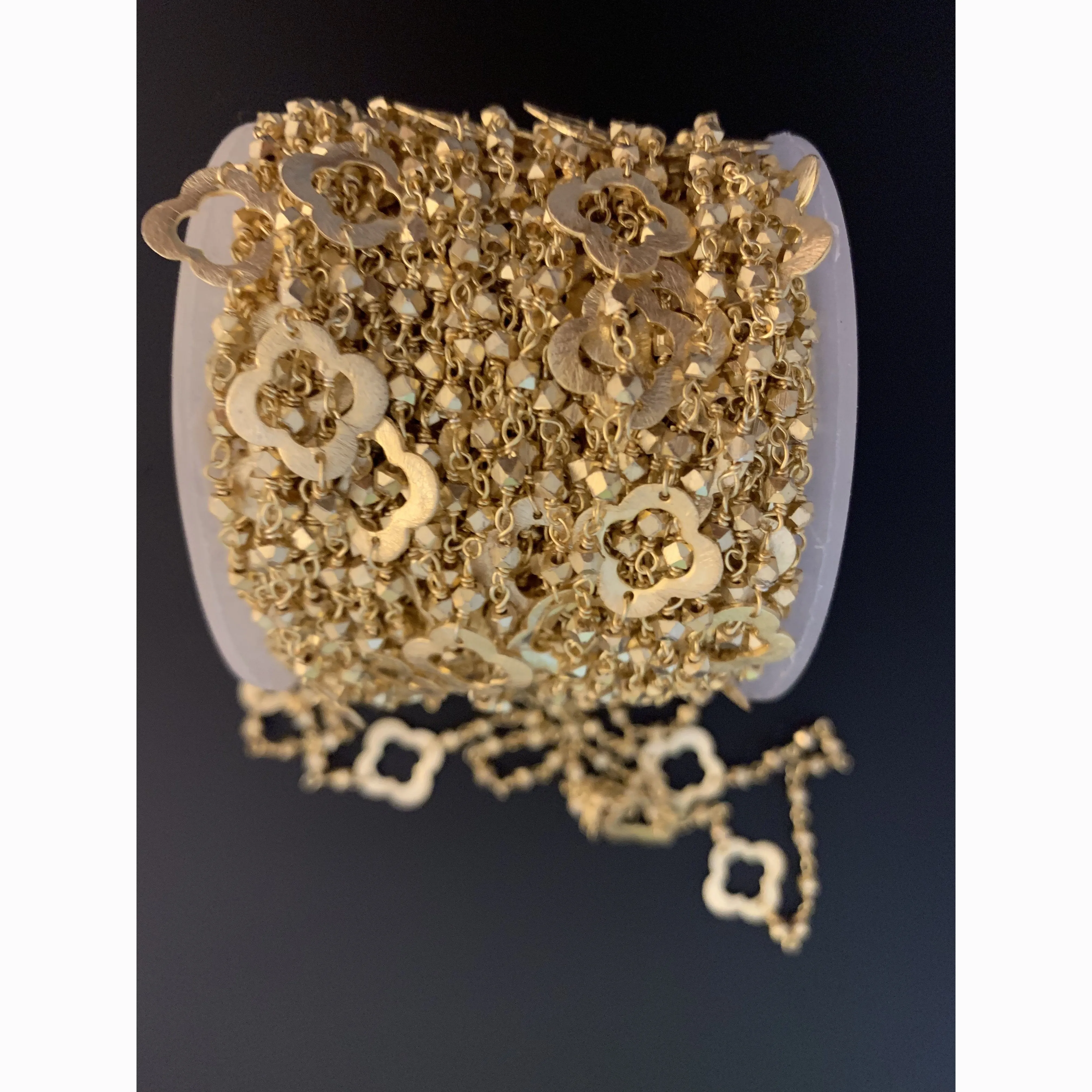 3 Feet Of Brass Chain with Gold Finish Nuggets and Gold Finish Clovers | Rosary Chain | 2.5mm to 3mm Nuggets and 14mm Clover Shape |