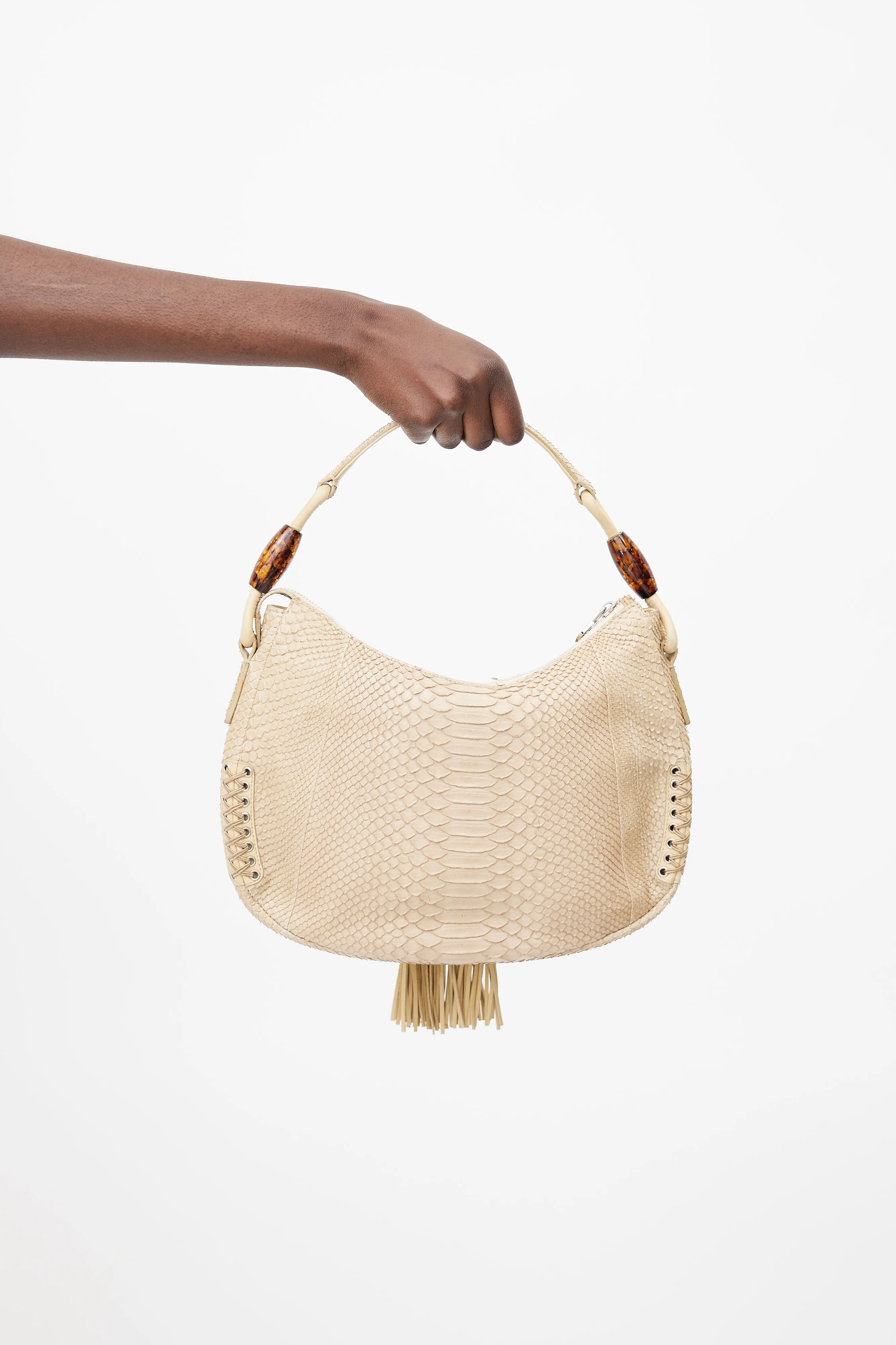 Beige Embossed Leather Shoulder Bag