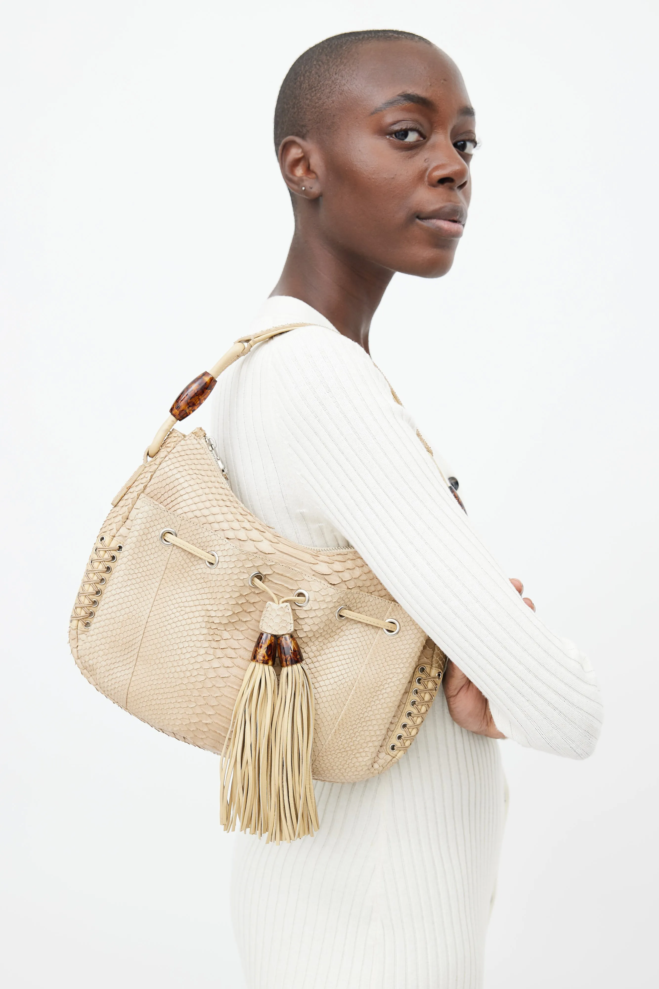Beige Embossed Leather Shoulder Bag