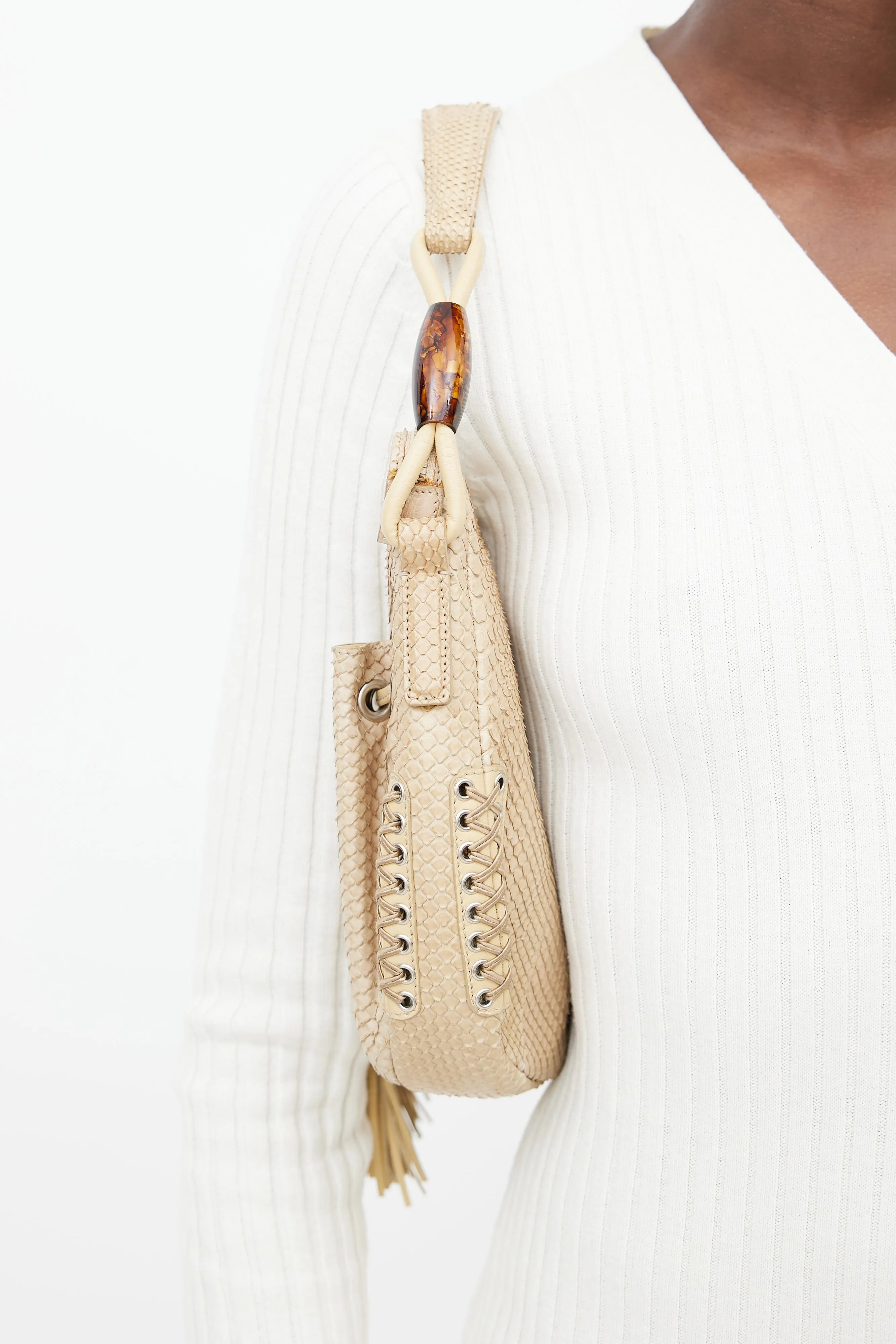 Beige Embossed Leather Shoulder Bag