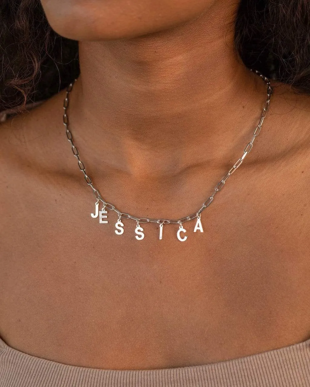 Block Spaced Out Name Necklace with Paper Clip Chain