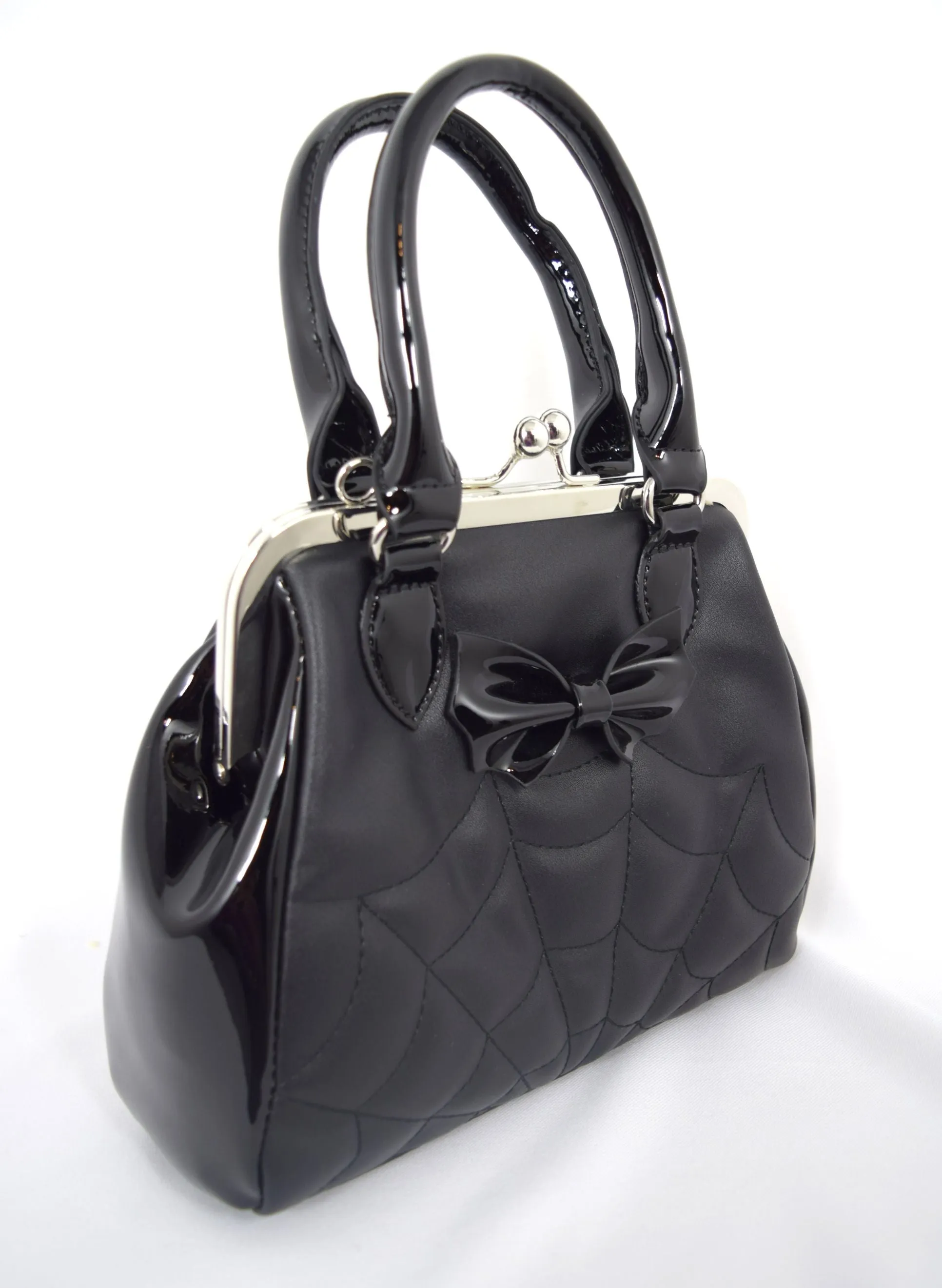 Gothic Glam Bat Bow and Spider Web Black Kiss-Lock Purse - FEMME FATALE HANDBAG