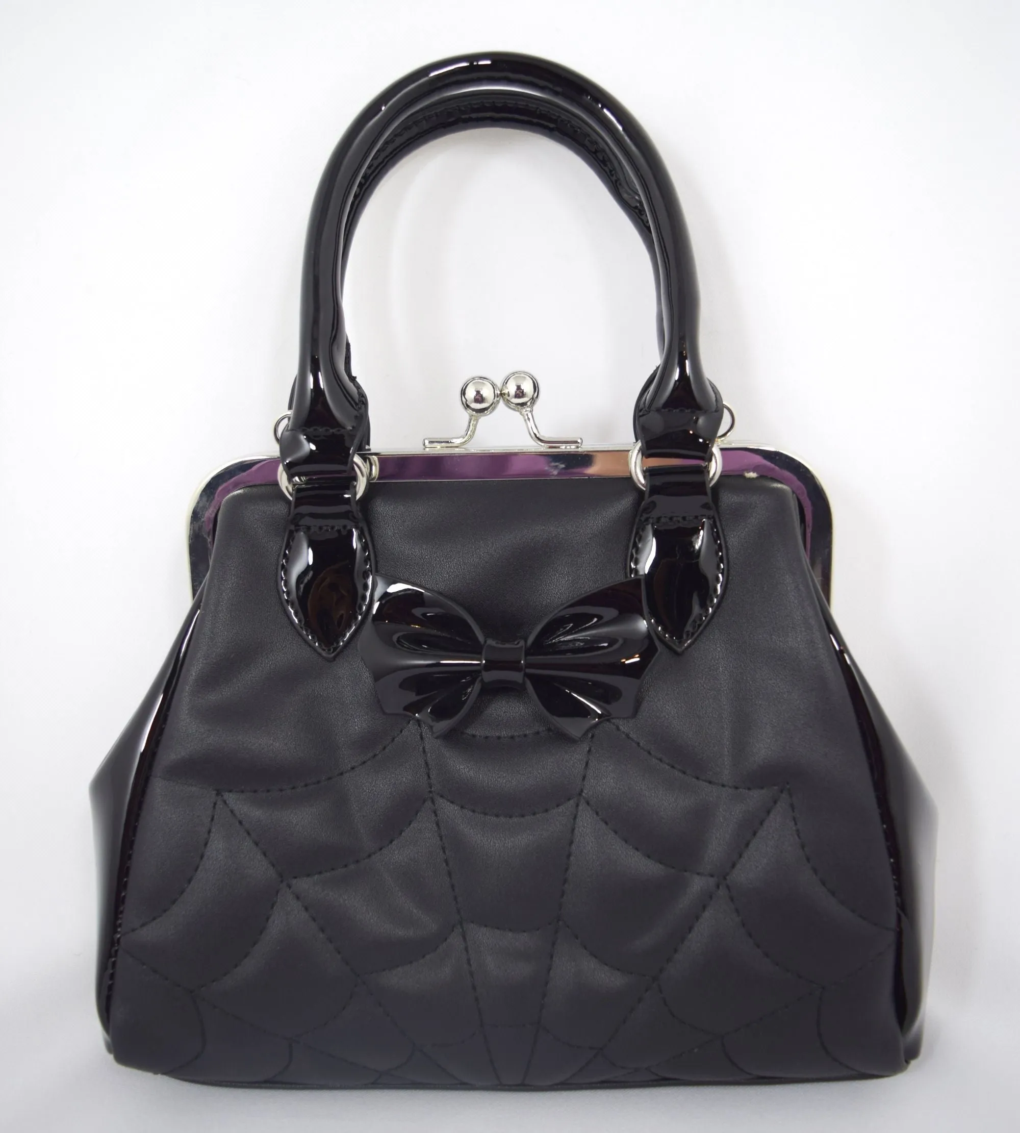Gothic Glam Bat Bow and Spider Web Black Kiss-Lock Purse - FEMME FATALE HANDBAG