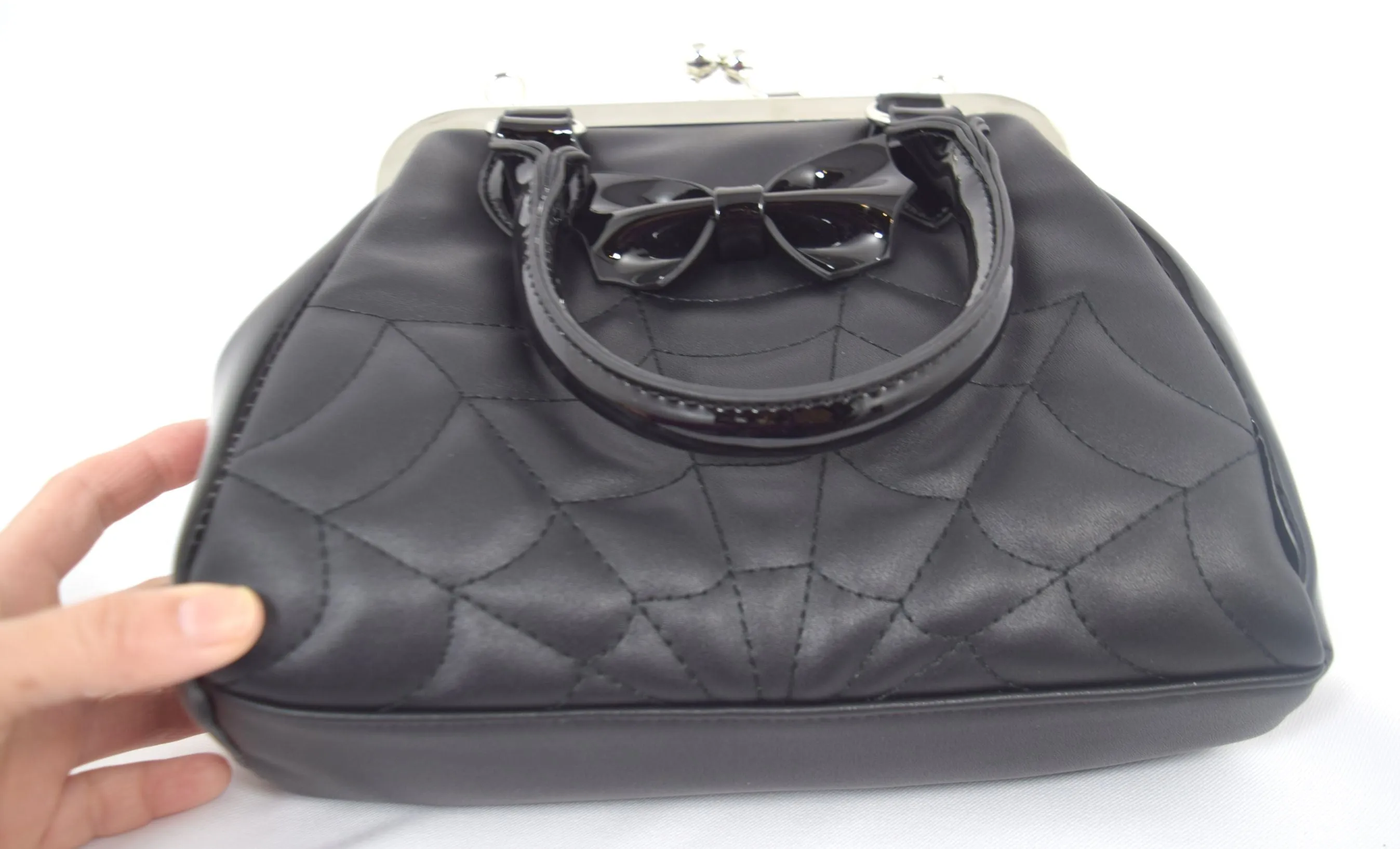 Gothic Glam Bat Bow and Spider Web Black Kiss-Lock Purse - FEMME FATALE HANDBAG