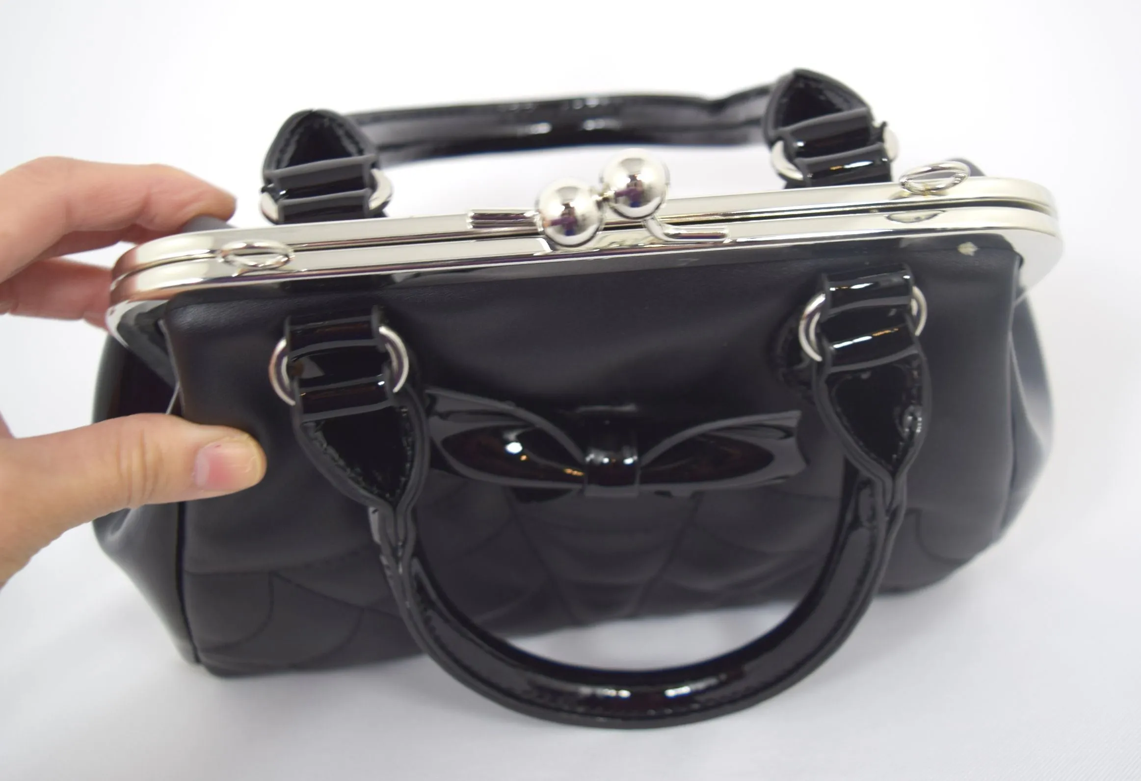 Gothic Glam Bat Bow and Spider Web Black Kiss-Lock Purse - FEMME FATALE HANDBAG