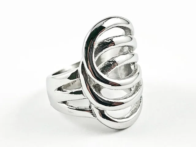 Modern Layered Crossover Geometric Design Shiny Metallic Steel Ring