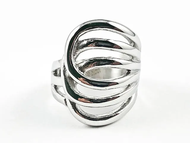 Modern Layered Crossover Geometric Design Shiny Metallic Steel Ring