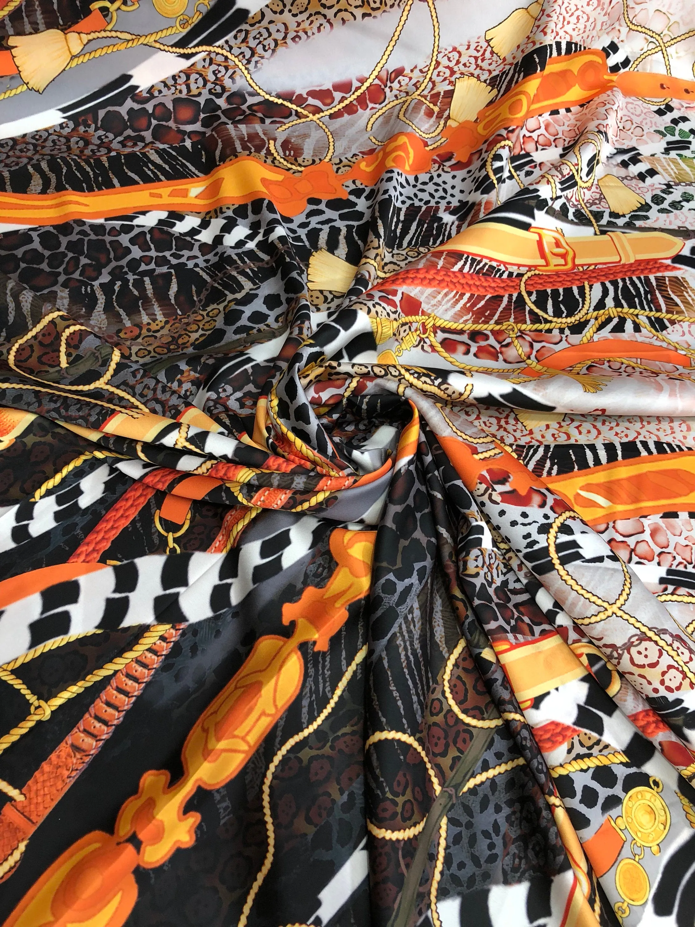 Satin charmeuse digital print 54&quot; wide     Beautiful burnt orange shades       Soft silky fabric sold by the yard