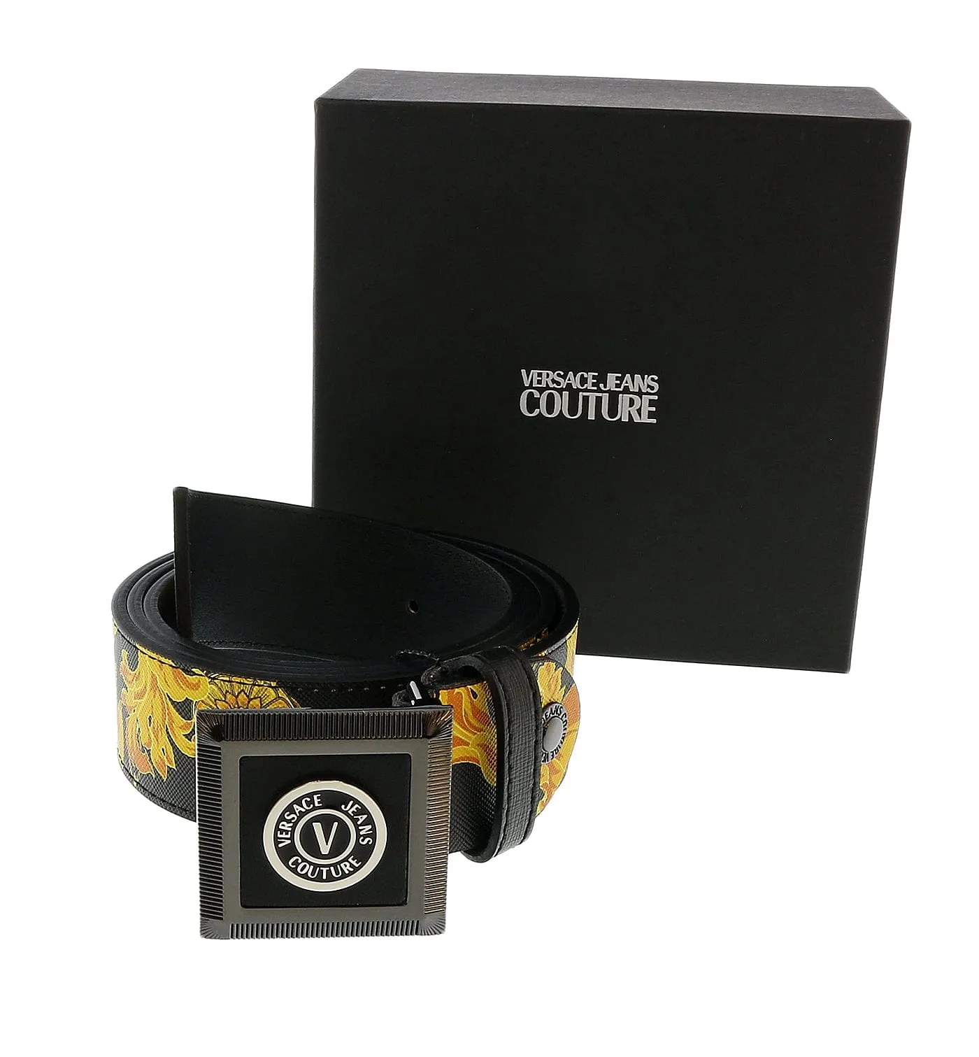 Versace Jeans Couture Black/Gold V-Emblem  Square Buckle Chain Print  Mens Belt-