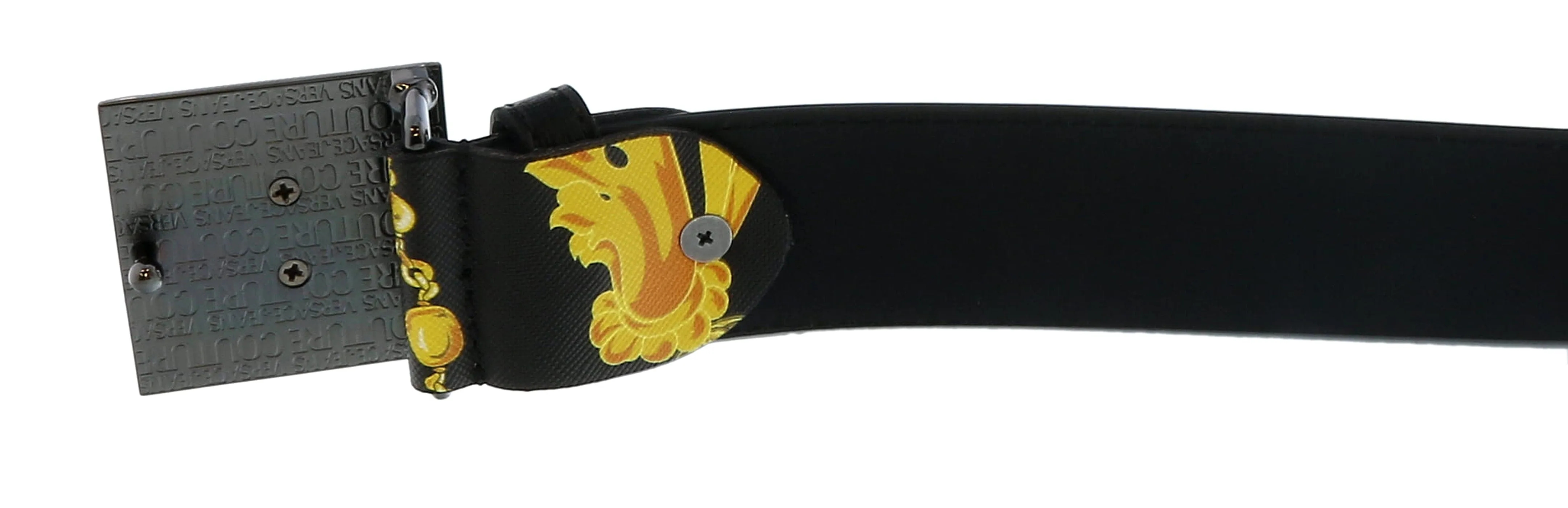 Versace Jeans Couture Black/Gold V-Emblem  Square Buckle Chain Print  Mens Belt-