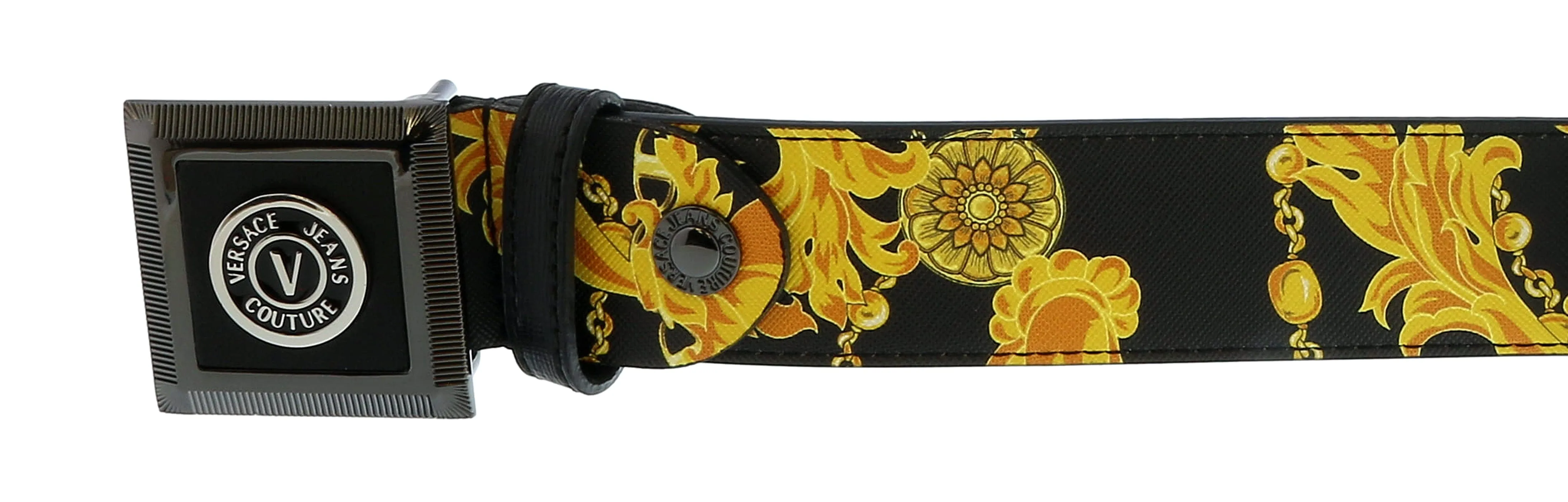 Versace Jeans Couture Black/Gold V-Emblem  Square Buckle Chain Print  Mens Belt-